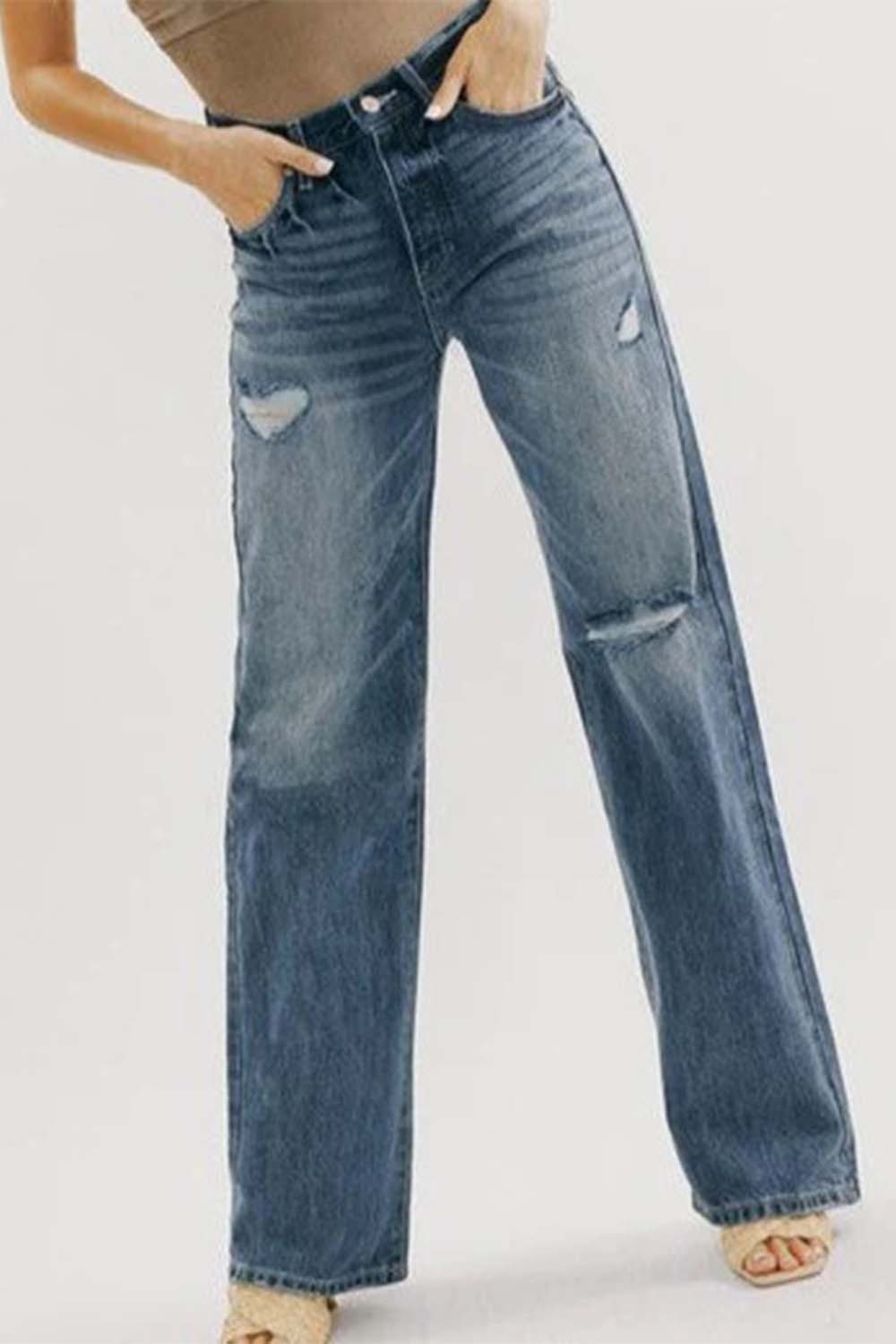 Dark Slate Gray Button Fly Distressed Washed Jeans Sentient Beauty Fashions Apparel &amp; Accessories