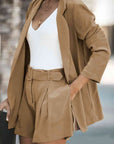 Dim Gray Longline Blazer and Shorts Set with Pockets Sentient Beauty Fashions Apparel & Accessories