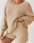 Tan Round Neck Dropped Shoulder Sweater and Drawstring Pants Set Sentient Beauty Fashions Apparel & Accessories