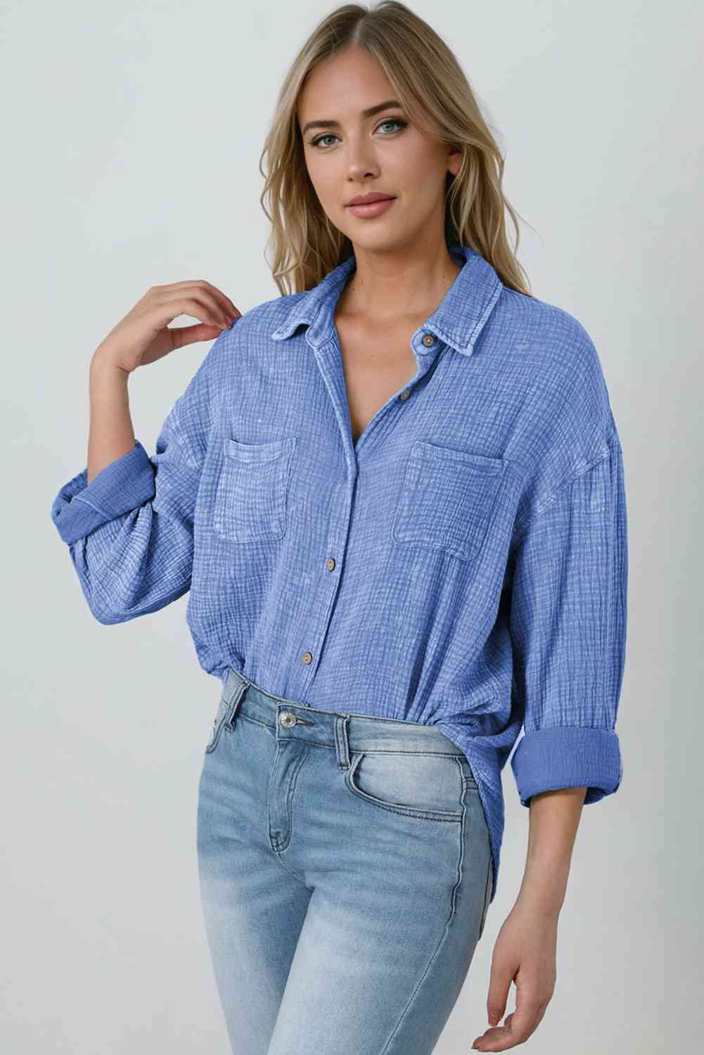 Gray Mineral Wash Crinkle Textured Chest Pockets Shirt