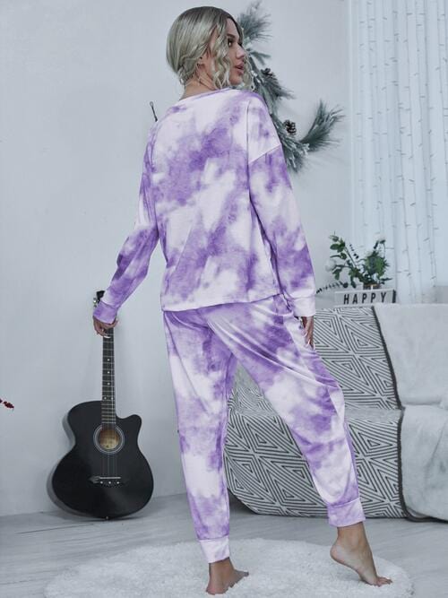 Gray Tie-dye Round Neck Top and Drawstring Pants Lounge Set Sentient Beauty Fashions Apparel &amp; Accessories