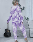 Gray Tie-dye Round Neck Top and Drawstring Pants Lounge Set