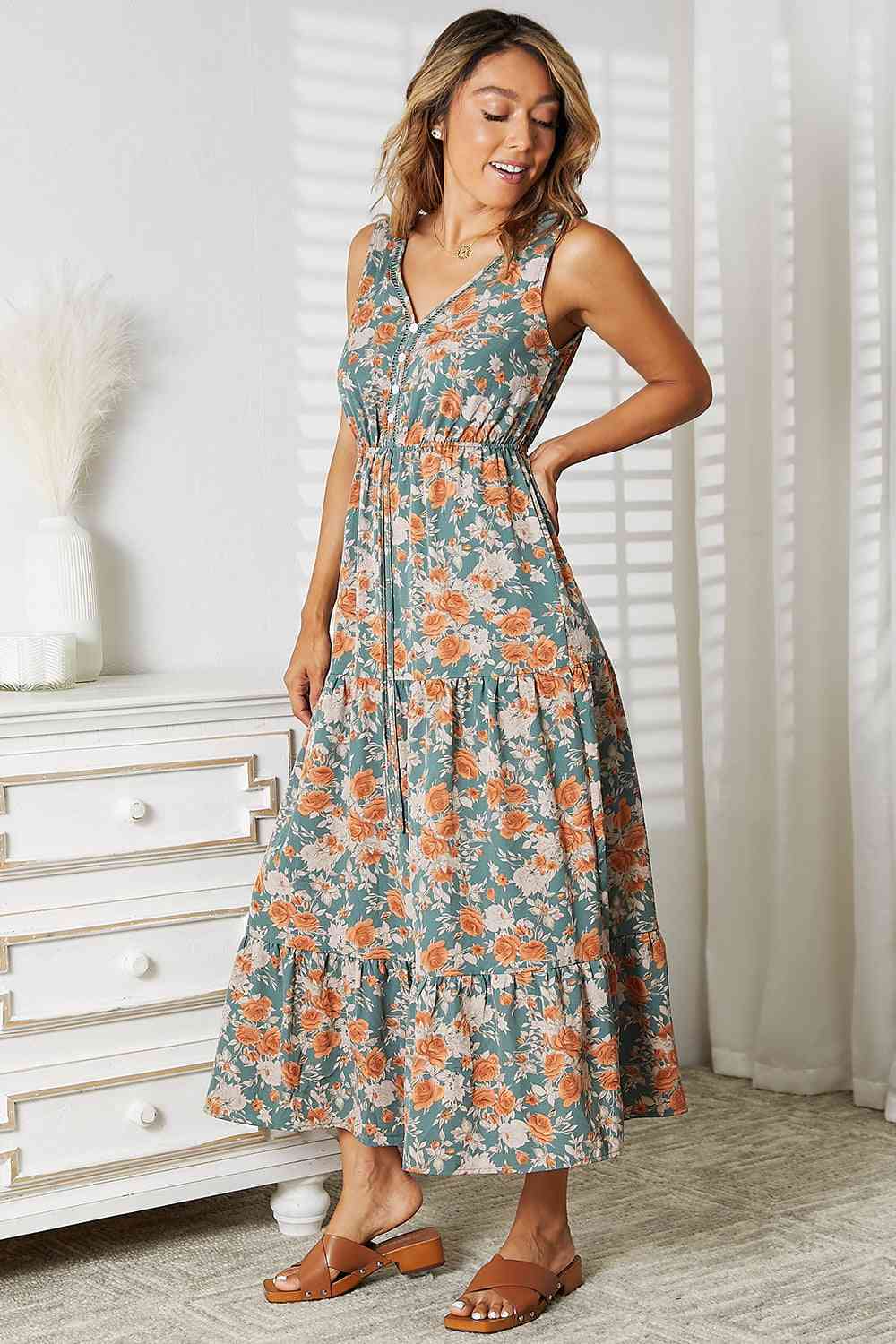 Light Gray Double Take Floral V-Neck Tiered Sleeveless Dress Sentient Beauty Fashions Apparel &amp; Accessories