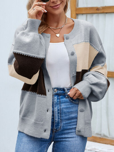 Gray Color Block Button Up Lantern Sleeve Cardigan Sentient Beauty Fashions Apparel &amp; Accessories