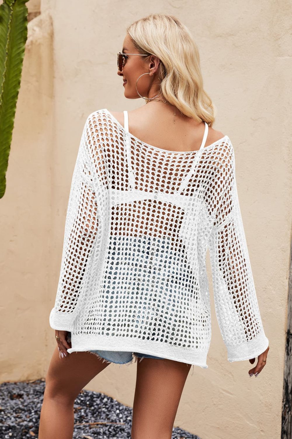 Light Gray Openwork Round Neck Long Sleeve Cover Up