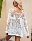 Light Gray Openwork Round Neck Long Sleeve Cover Up Sentient Beauty Fashions swimwear