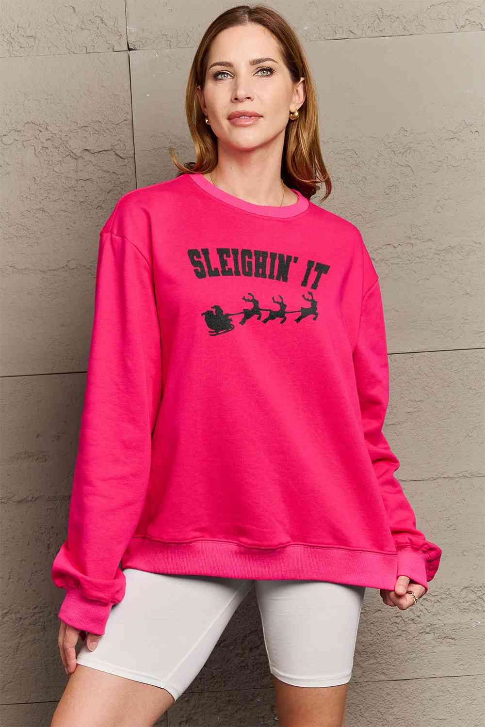 Rosy Brown Simply Love Full Size SLEIGHIN&#39; IT Graphic Sweatshirt Sentient Beauty Fashions Apparel &amp; Accessories