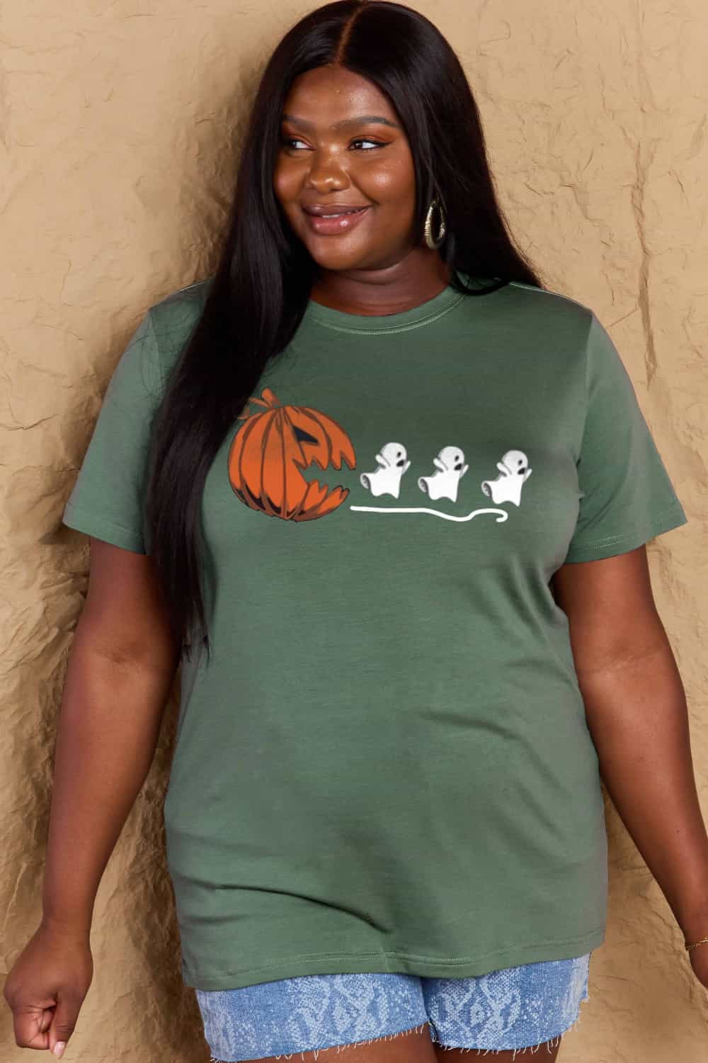 Dark Olive Green Simply Love Full Size Jack-O&#39;-Lantern Graphic Cotton Tee Sentient Beauty Fashions Apparel &amp; Accessories