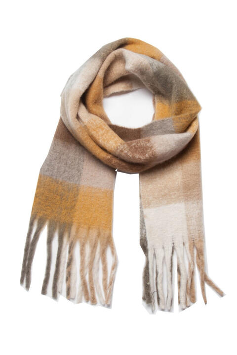 Rosy Brown Plaid Fringe Detail Polyester Scarf