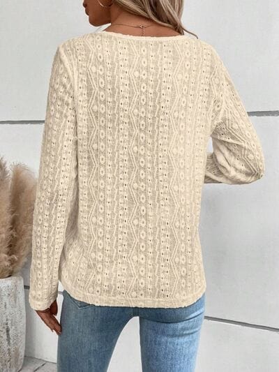 Light Gray Openwork Half Button Long Sleeve Blouse