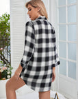 Light Gray Plaid Lapel Collar Shirt Dress