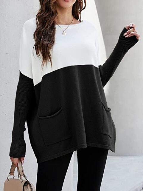 Black Two Tone Pullover Sweater with Pockets Sentient Beauty Fashions Apparel & Accessories
