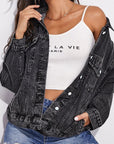 Light Gray Collared Neck Dropped Shoulder Button-Down Denim Jacket Sentient Beauty Fashions Apparel & Accessories