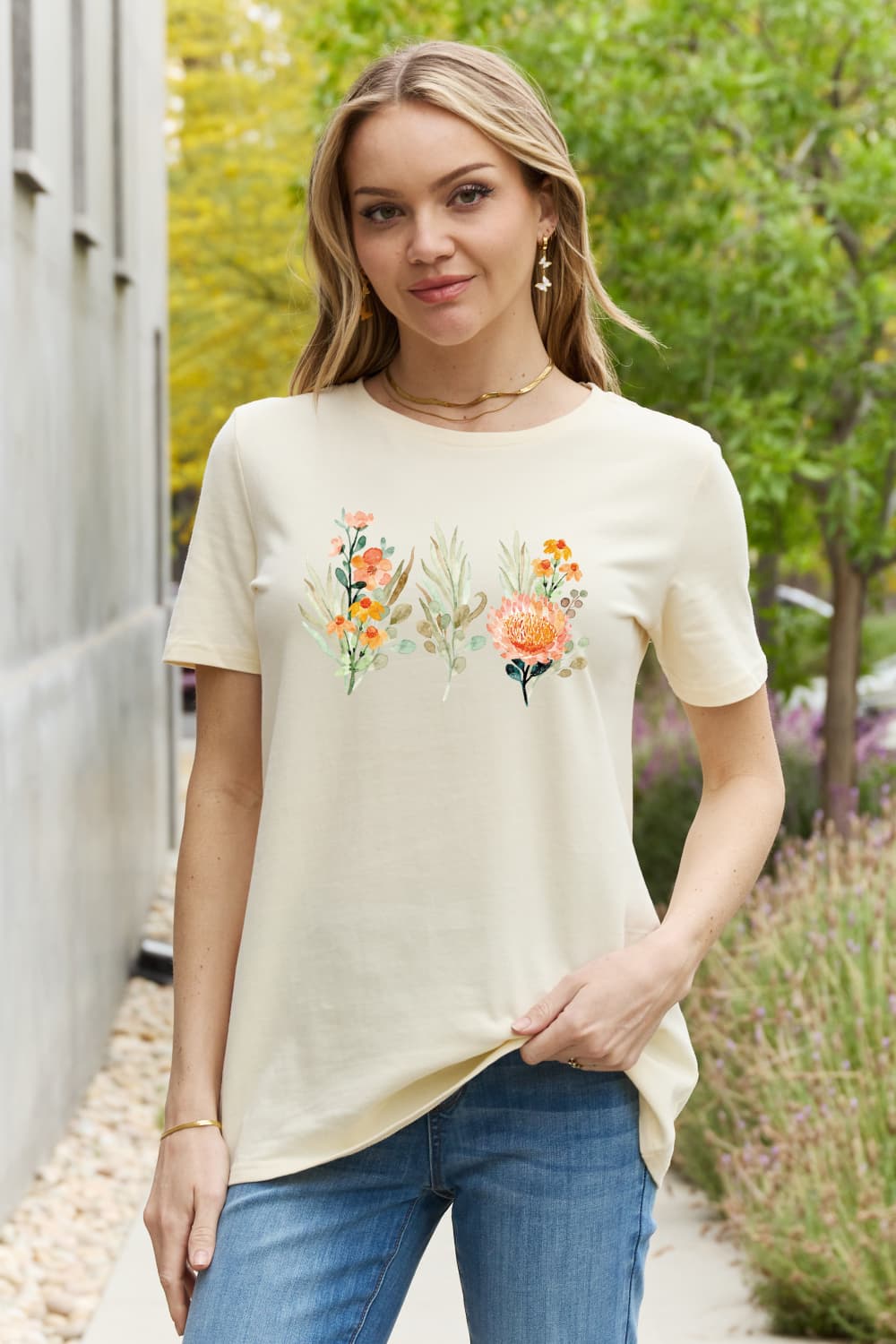 Gray Simply Love Flower Graphic Round Neck Cotton Tee Sentient Beauty Fashions Apparel & Accessories