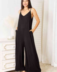 Black Double Take Full Size Soft Rayon Spaghetti Strap Tied Wide Leg Jumpsuit Sentient Beauty Fashions Apparel & Accessories