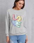 Gray LOVE Round Neck Long Sleeve Sweatshirt Sentient Beauty Fashions Apparel & Accessories
