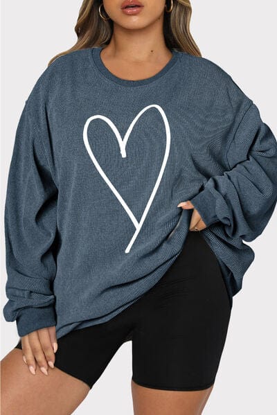 Dark Slate Gray Plus Size Heart Ribbed Round Neck Sweatshirt