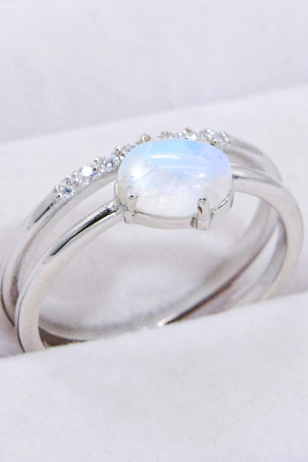 Light Gray Natural Moonstone and Zircon Double-Layered Ring