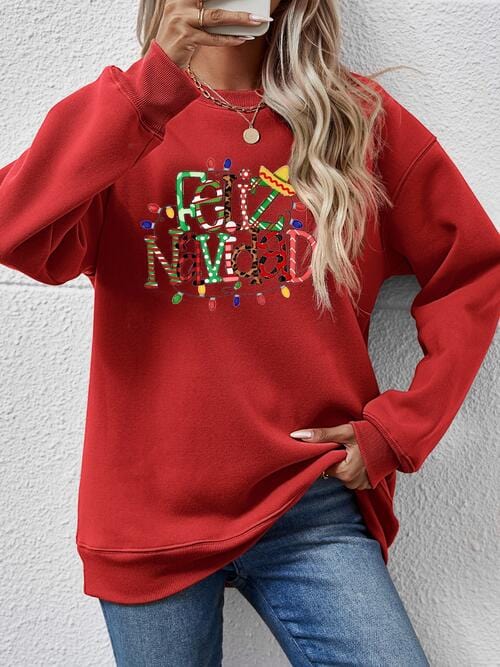 Brown FELIZ NAVIDAD Round Neck Drop Shoulder Sweatshirt