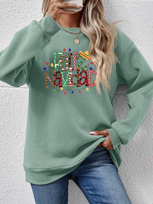 Light Slate Gray FELIZ NAVIDAD Round Neck Drop Shoulder Sweatshirt