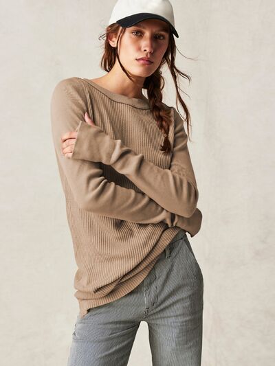 Light Gray Waffle-Knit Round Neck Long Sleeve Sweater Sentient Beauty Fashions Apparel & Accessories