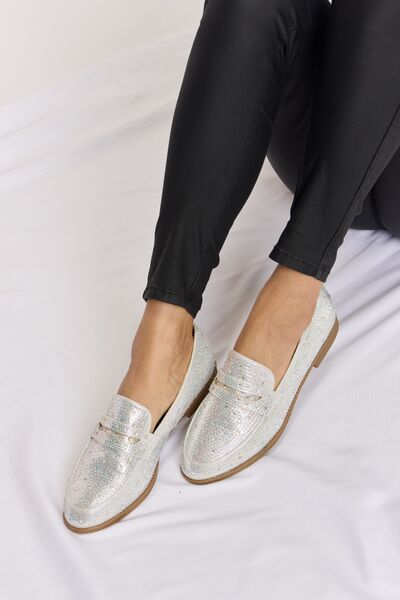 Light Gray Forever Link Rhinestone Point Toe Loafers Sentient Beauty Fashions Shoes