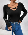 Light Gray Ribbed Crisscross V-Neck Long Sleeve Knit Top