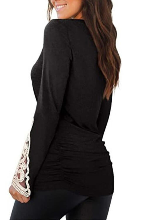 Black Lace Detail Long Sleeve Round Neck T-Shirt Sentient Beauty Fashions Apparel &amp; Accessories
