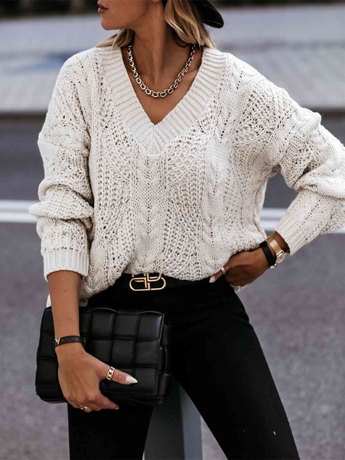 Dim Gray V-Neck Cable-Knit Long Sleeve Sweater Sentient Beauty Fashions Apparel & Accessories