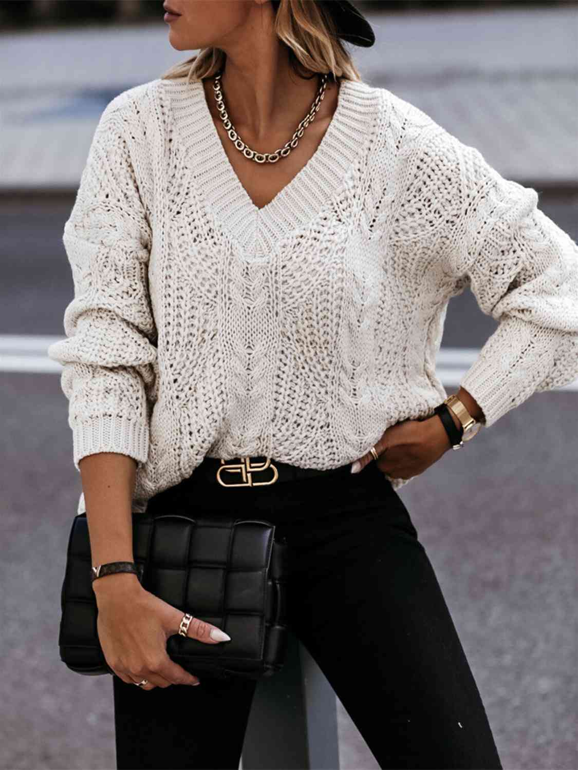 Dim Gray V-Neck Cable-Knit Long Sleeve Sweater