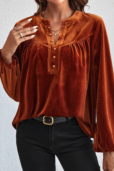 Black Ruched Decorative Button Notched Blouse Sentient Beauty Fashions Apparel & Accessories