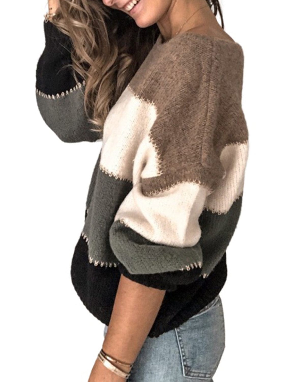 Dim Gray Color Block Round Neck Sweater Sentient Beauty Fashions Apparel &amp; Accessories