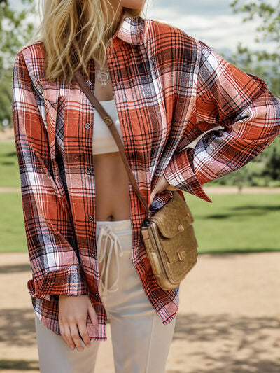 Rosy Brown Plaid Button Up Dropped Shoulder Shirt Sentient Beauty Fashions Apparel &amp; Accessories