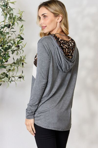 Light Gray BiBi Leopard Color Block Drawstring Hoodie Sentient Beauty Fashions Apparel & Accessories