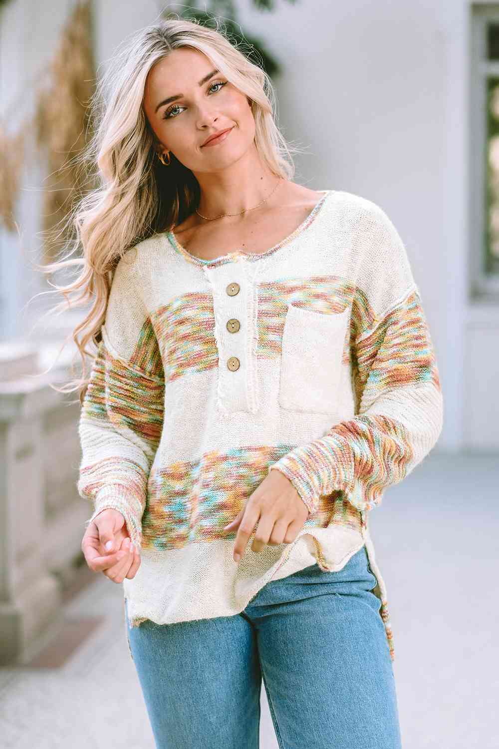 Light Gray High-Low Half Button Dropped Shoulder Sweater