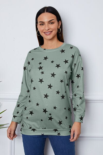 Light Gray Star Print Round Neck Dropped Shoulder Sweatshirt