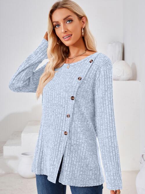 Light Gray Ribbed Buttoned Round Neck Slit T-Shirt