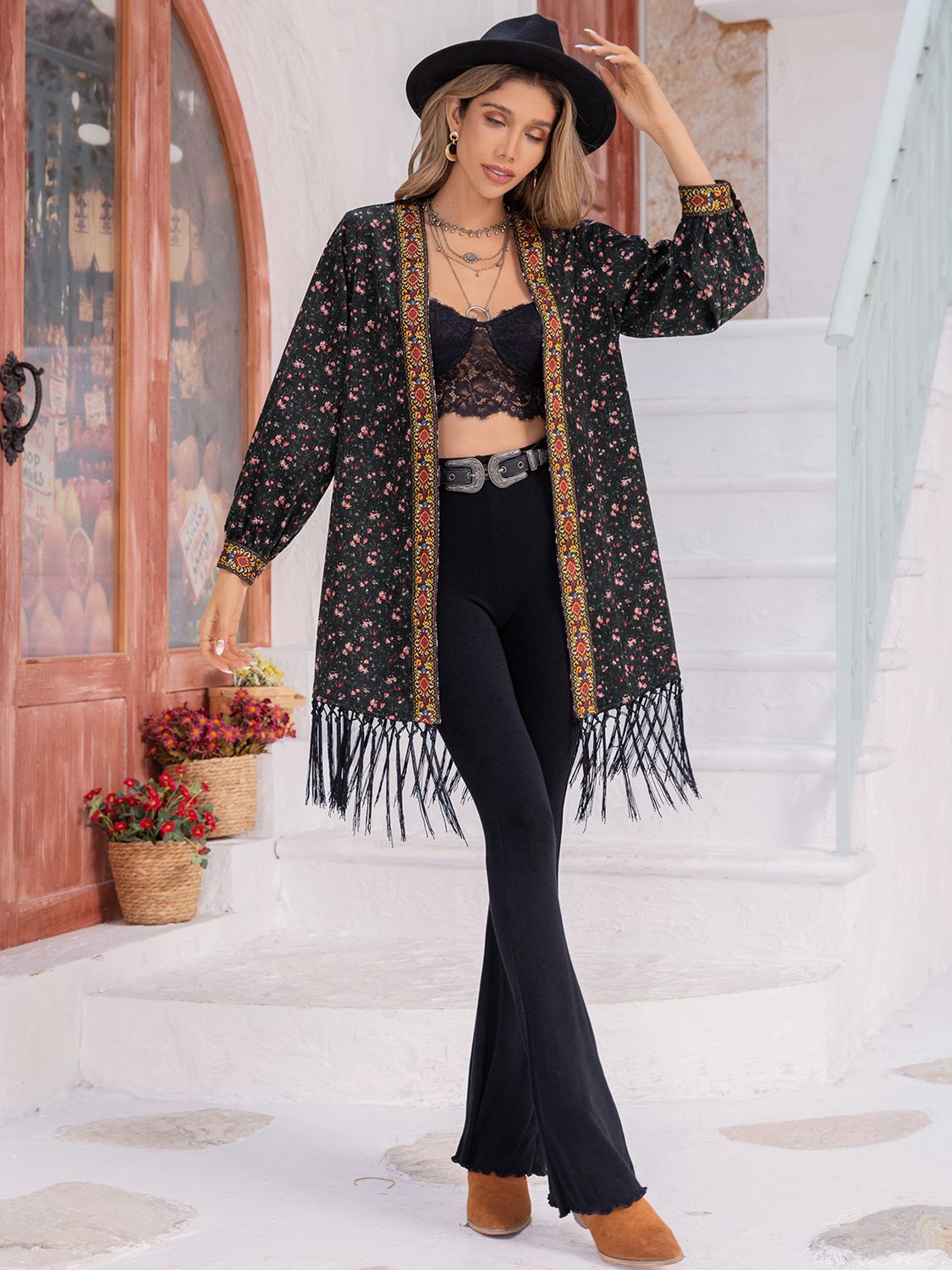 Thistle Printed Fringe Detail Cardigan Sentient Beauty Fashions Apparel & Accessories