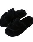 Black Faux Fur Twisted Strap Slippers Sentient Beauty Fashions
