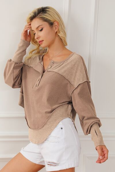 Light Gray Exposed Seam Half Button Dropped Shoulder Sweashirt Sentient Beauty Fashions Apparel & Accessories