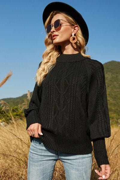 Black Ribbed Mock Neck Lantern Sleeve Sweater