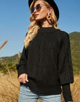 Black Ribbed Mock Neck Lantern Sleeve Sweater