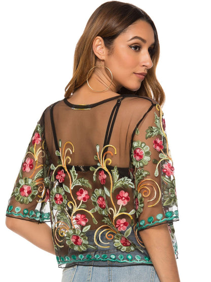 Embroidered Round Neck Sheer Blouse