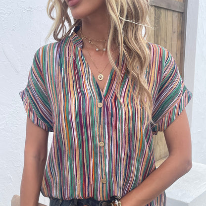 Multicolored Stripe Notched Neck Top