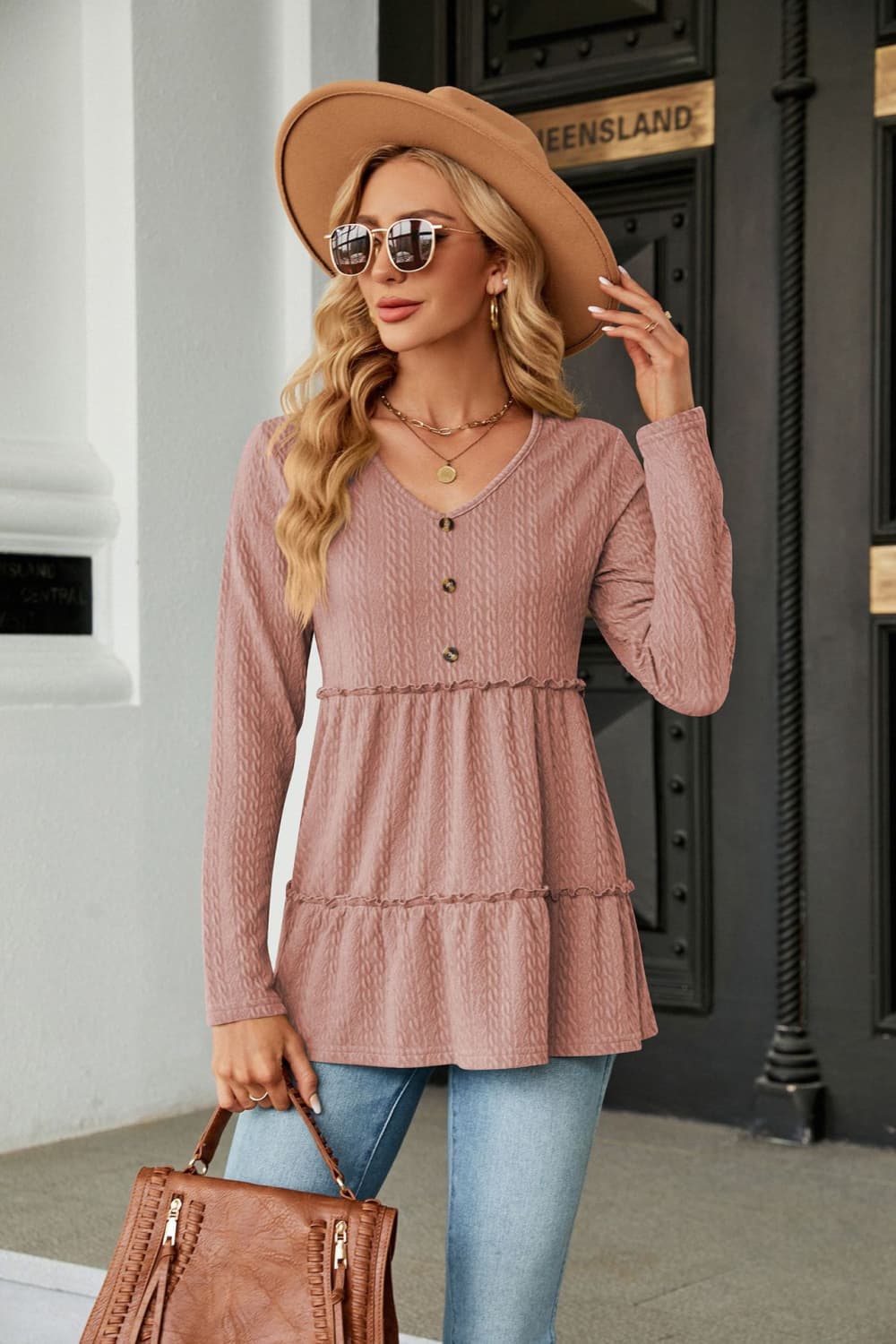 Rosy Brown Long Sleeve V-Neck Cable-Knit Blouse