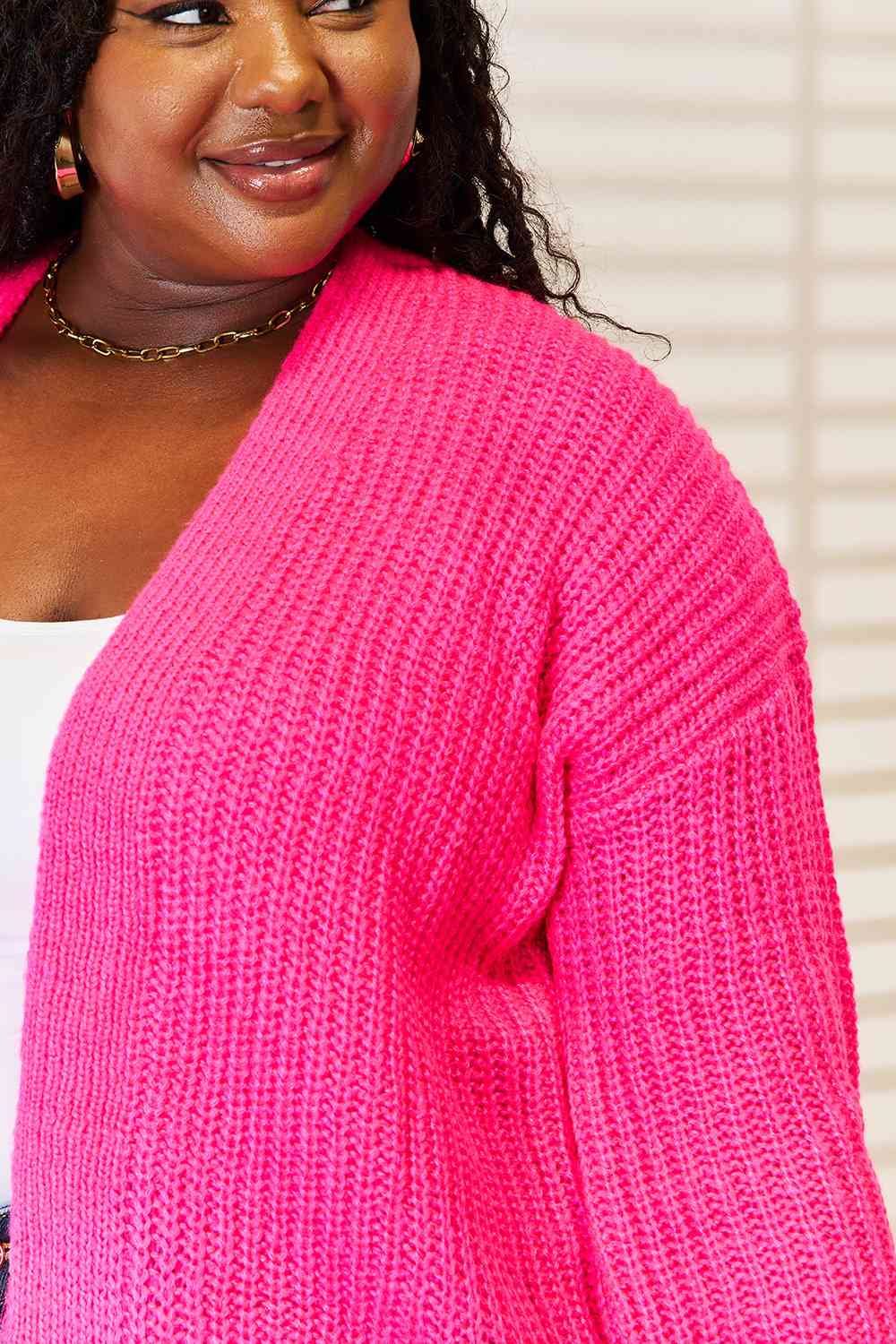 Violet Red Woven Right Rib-Knit Open Front Drop Shoulder Cardigan