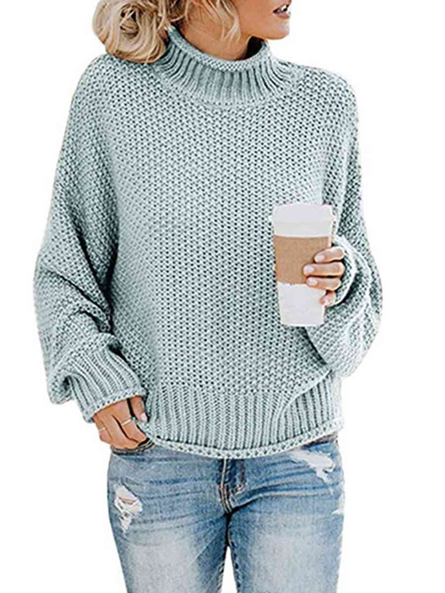 Gray Turtleneck Dropped Shoulder Sweater