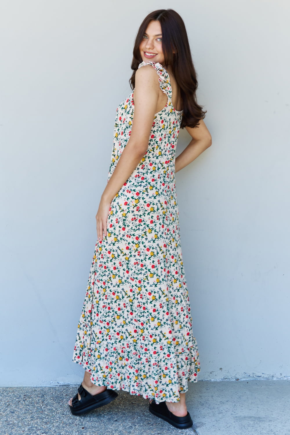 Light Steel Blue Doublju In The Garden Ruffle Floral Maxi Dress in Natural Rose Sentient Beauty Fashions Apparel & Accessories