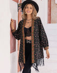 Black Printed Fringe Detail Cardigan Sentient Beauty Fashions Apparel & Accessories