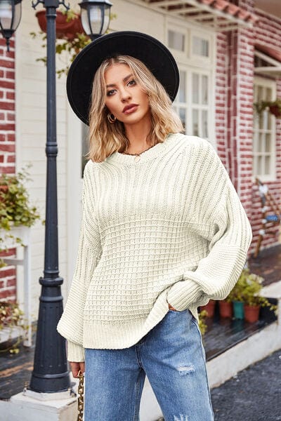 Gray Ribbed Drop Shoulder Lantern Sleeve Sweater